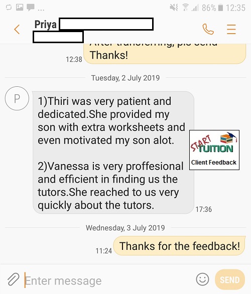 Review from Priya: Vanessa is very professional and efficient in finding us the tutors. She reached to us very quickly about the tutors.